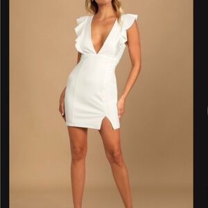 Lulu's White Ruffle-Sleeve Deep V Mini Dress
